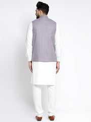 Men's Solid Cotton Kurta with Geometric Waistcoat