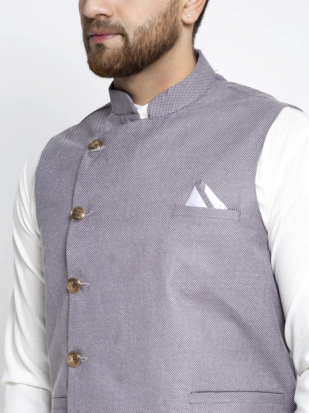 Cotton Mens Kurta Pajama Set with Geometric Waistcoat