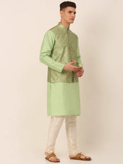 Men's Woven Design Nehru Jacket and Kurta Pyjama Set ( JOKPWC P-D 4045Pista )-JOKPWC-P-D-4045