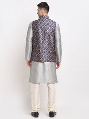 Men's Silver Dupion Silk Kurta with Churidar & Nehru Jacket