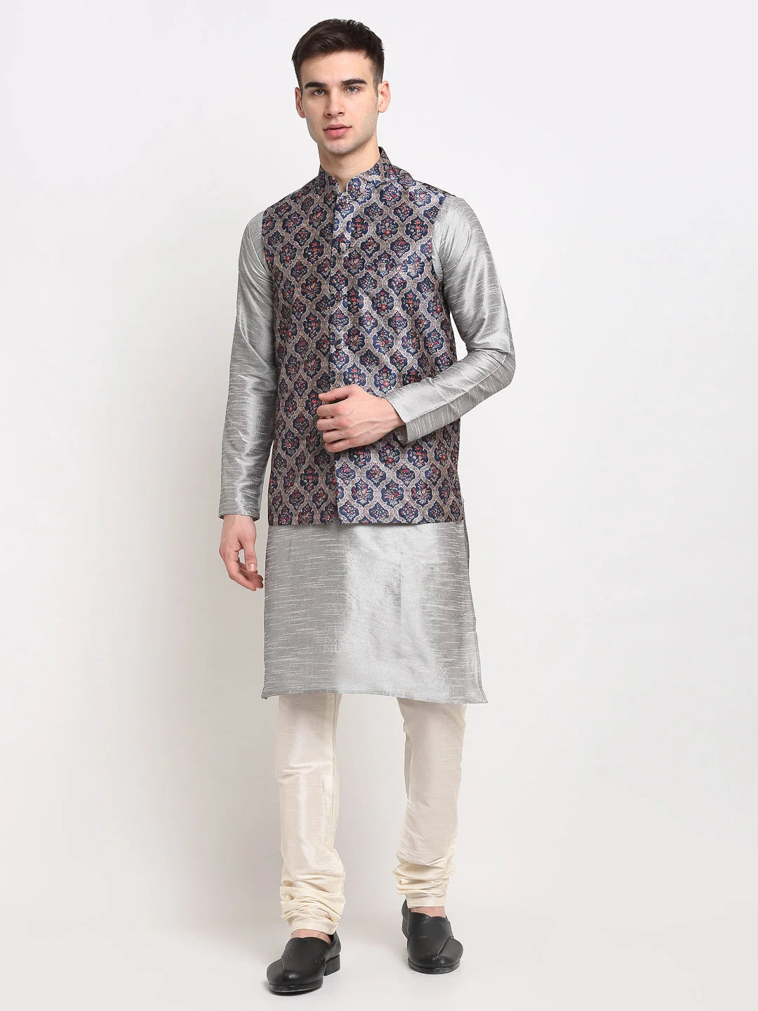 Silver Mens Kurta Pajama Set with Nehru Jacket | Shop Now