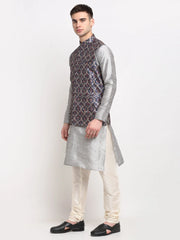 Men's Silver Dupion Silk Kurta with Churidar & Nehru Jacket