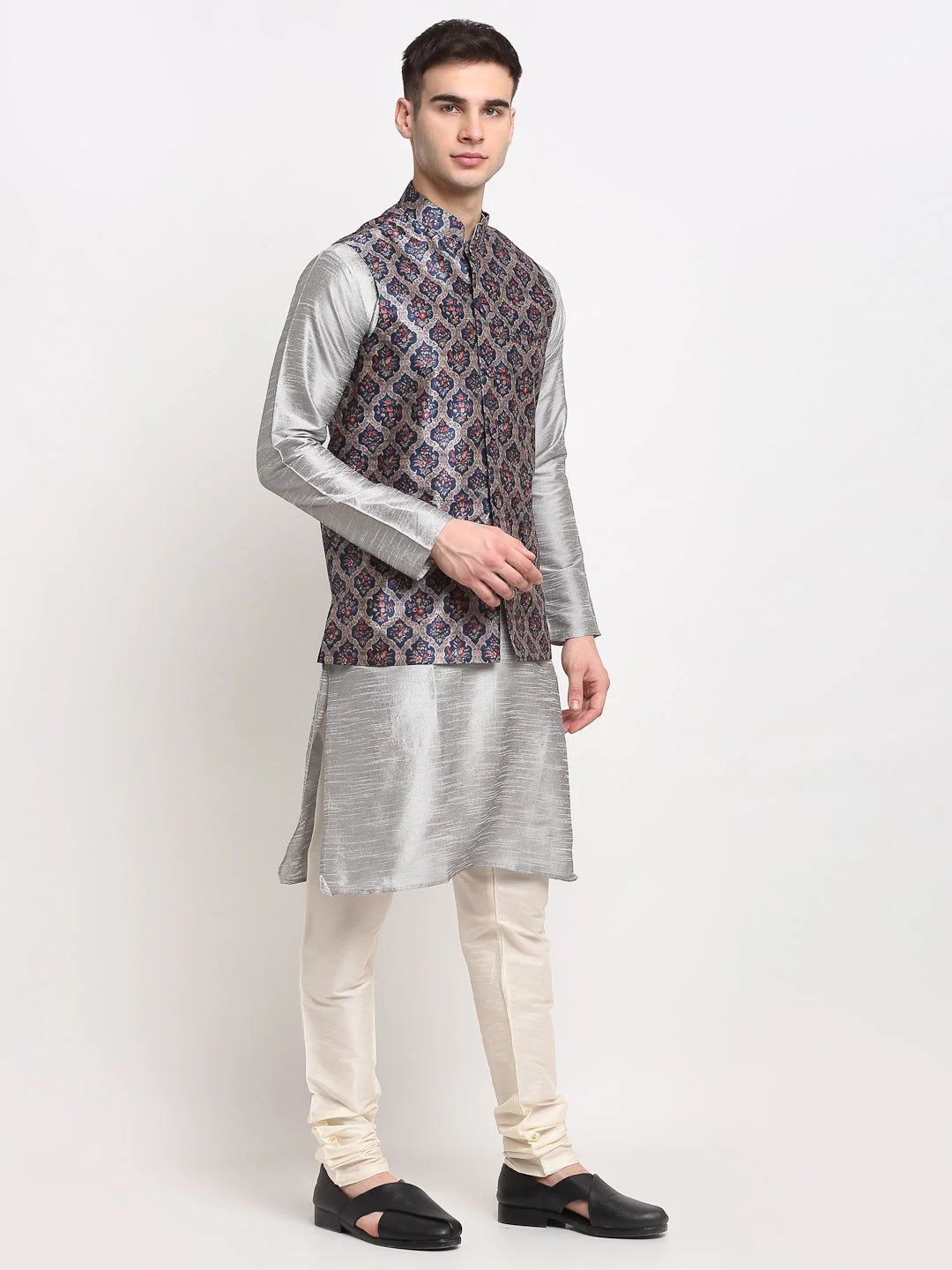 Silver Mens Kurta Pajama Set with Nehru Jacket | Shop Now