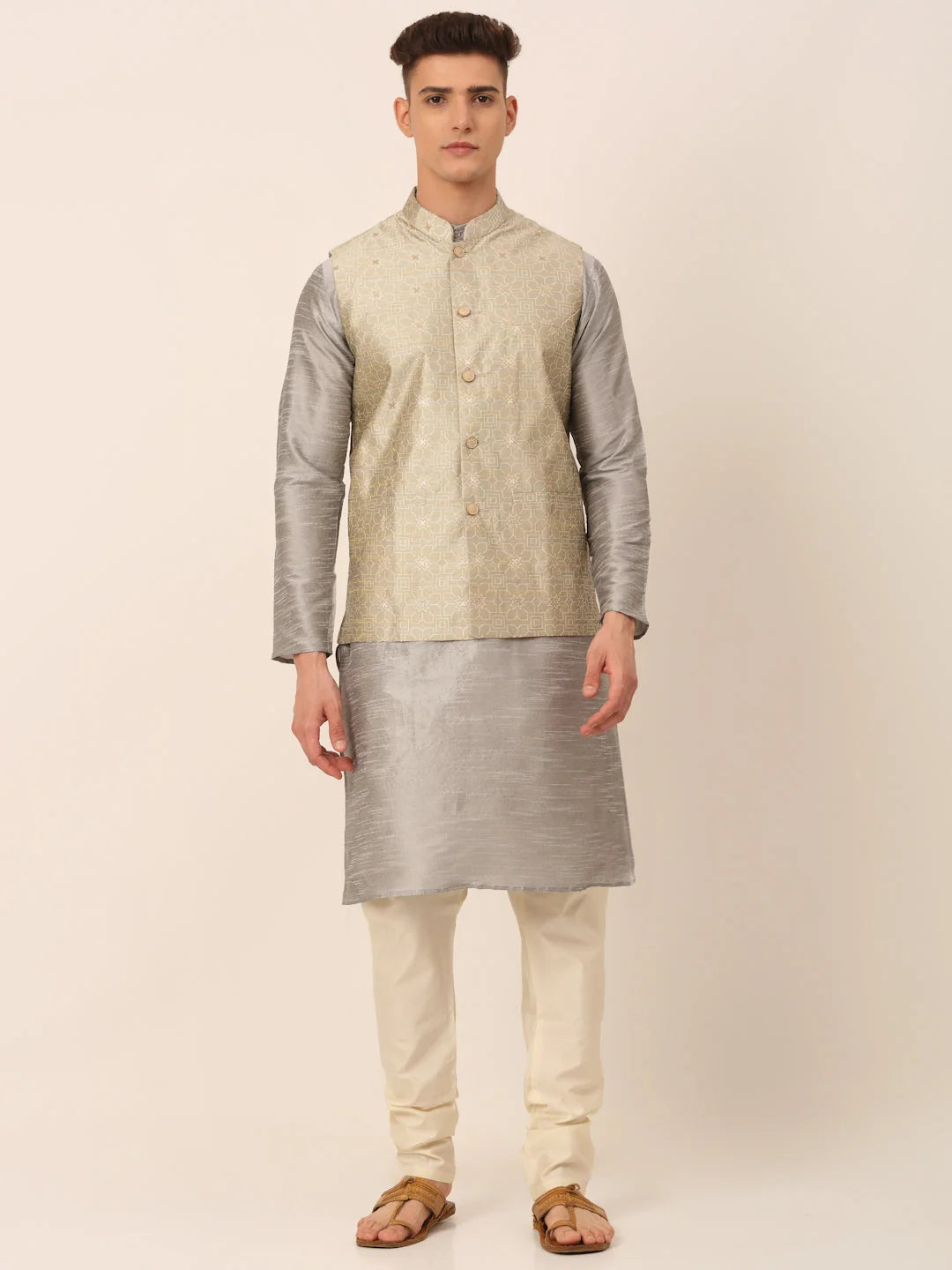 Beige Kurta Pajama Set for Men with Nehru Jacket | Kurta Pajama