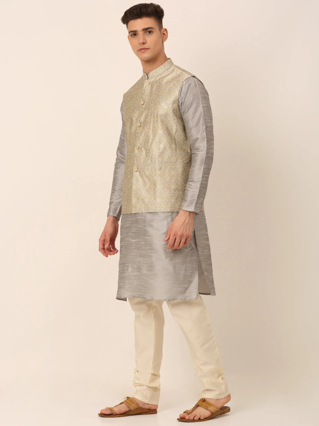 Beige Kurta Pajama Set for Men with Nehru Jacket | Kurta Pajama