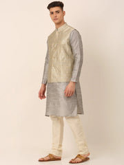 Men's Woven Design Nehru Jacket and Kurta Pyjama Set ( JOKPWC S-D 4045Beige )-JOKPWC-S-D-4045