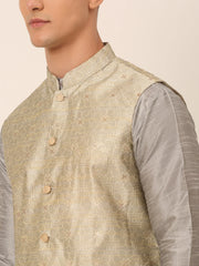 Men's Woven Design Nehru Jacket and Kurta Pyjama Set ( JOKPWC S-D 4045Beige )-JOKPWC-S-D-4045