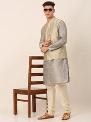 Men's Woven Design Nehru Jacket and Kurta Pyjama Set ( JOKPWC S-D 4045Beige )-JOKPWC-S-D-4045