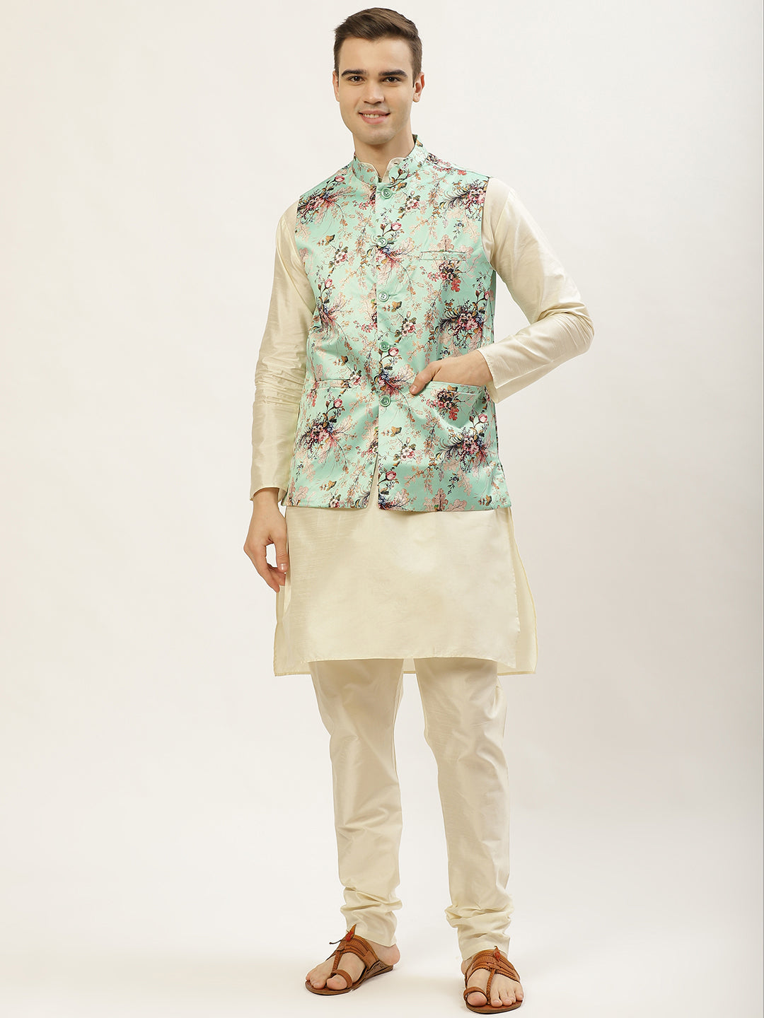 Men's Floral Printed Nehru Jacket and Kurta Pyjama Set