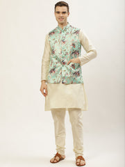 Men's Floral Printed Nehru Jacket and Kurta Pyjama Set