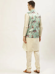 Men's Floral Printed Nehru Jacket and Kurta Pyjama Set