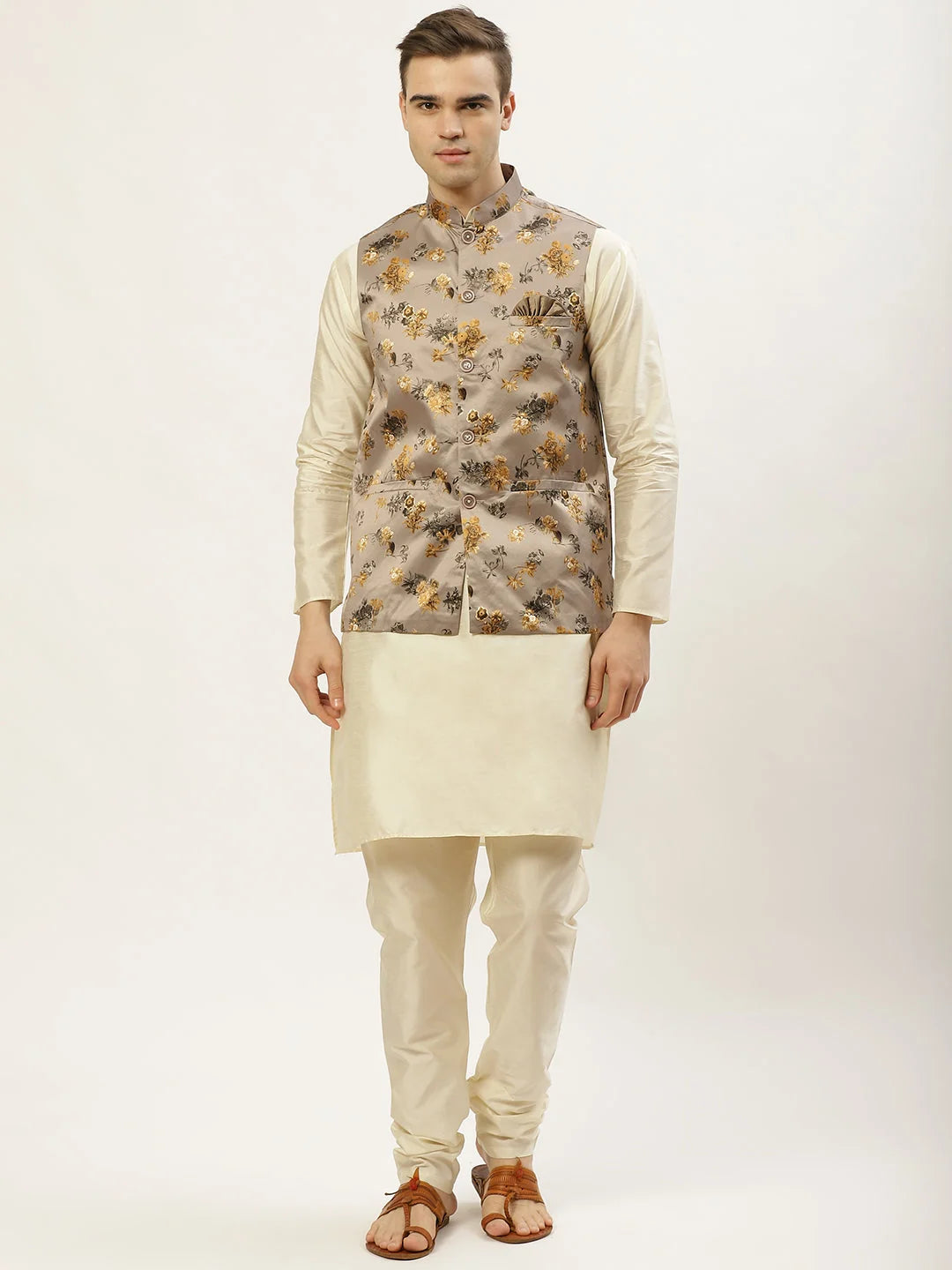 Men's Floral Printed Nehru Jacket and Kurta Pyjama Set-JOKPWC