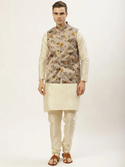 Men's Floral Printed Nehru Jacket and Kurta Pyjama Set-JOKPWC