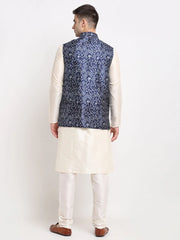 Men's Off-White Dupion Silk Kurta with Churidar & Nehru Jacket