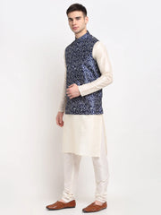 Men's Off-White Dupion Silk Kurta with Churidar & Nehru Jacket