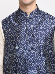 Men's Off-White Dupion Silk Kurta with Churidar & Nehru Jacket