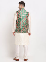 Men's Off Dupion Silk Kurta with Churidar & Nehru Jacket