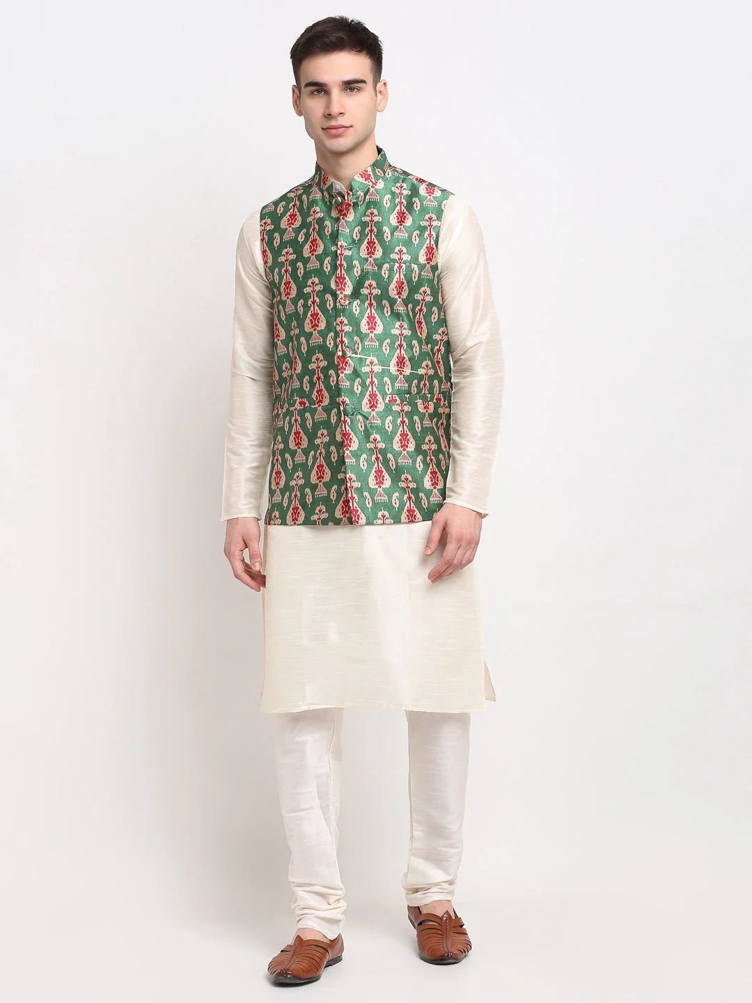 Elegant Mens Kurta Pajama Pathani - Off-White Dupion Silk Set