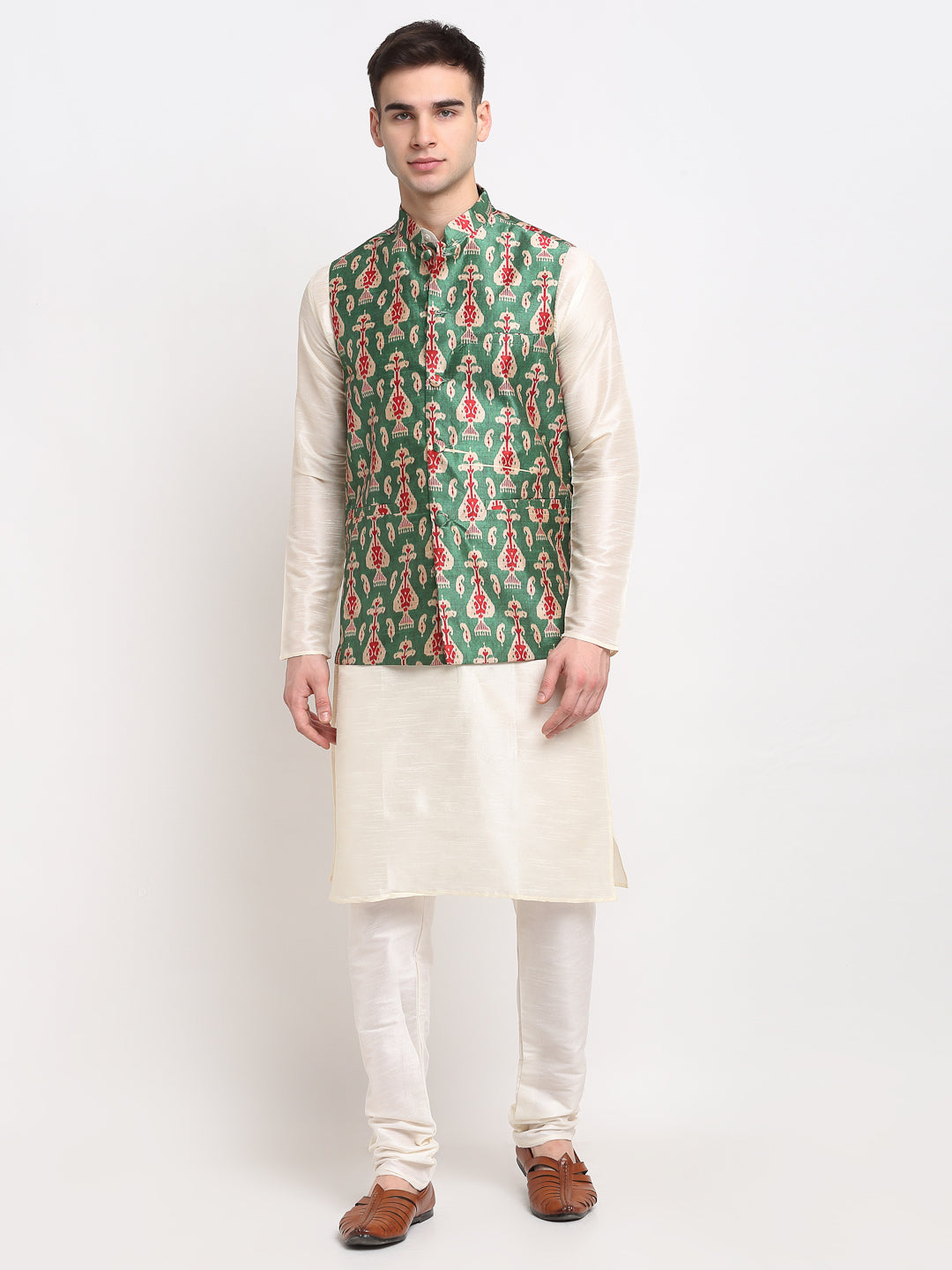 Men's Off Dupion Silk Kurta with Churidar & Nehru Jacket