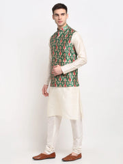 Men's Off Dupion Silk Kurta with Churidar & Nehru Jacket