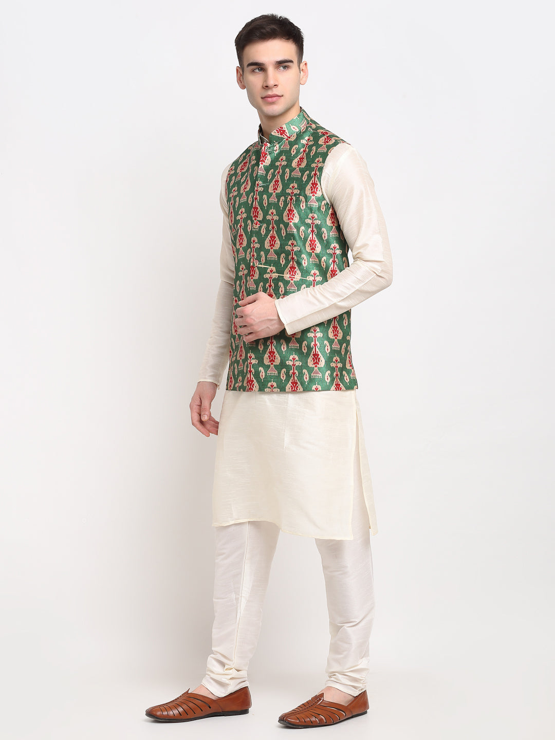 Elegant Mens Kurta Pajama Pathani - Off-White Dupion Silk Set
