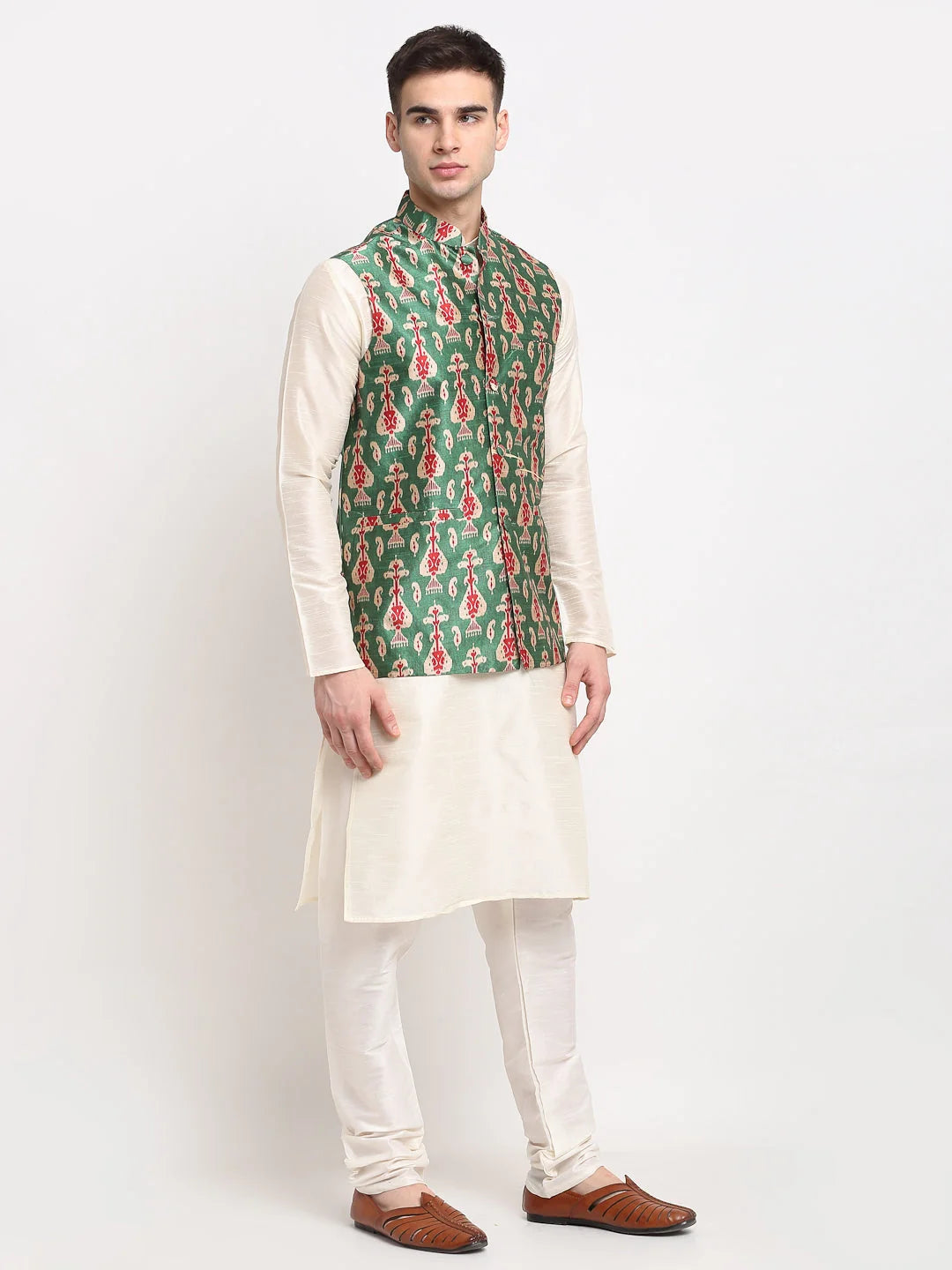 Elegant Mens Kurta Pajama Pathani - Off-White Dupion Silk Set