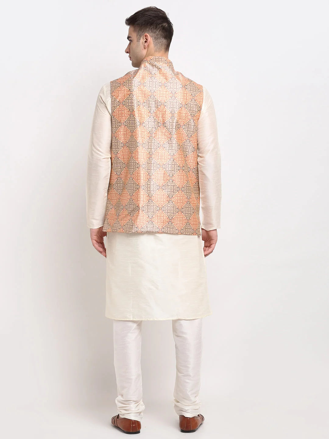 Off-White Sky Silk Mens Kurta Pajama Pathani with Nehru Jacket