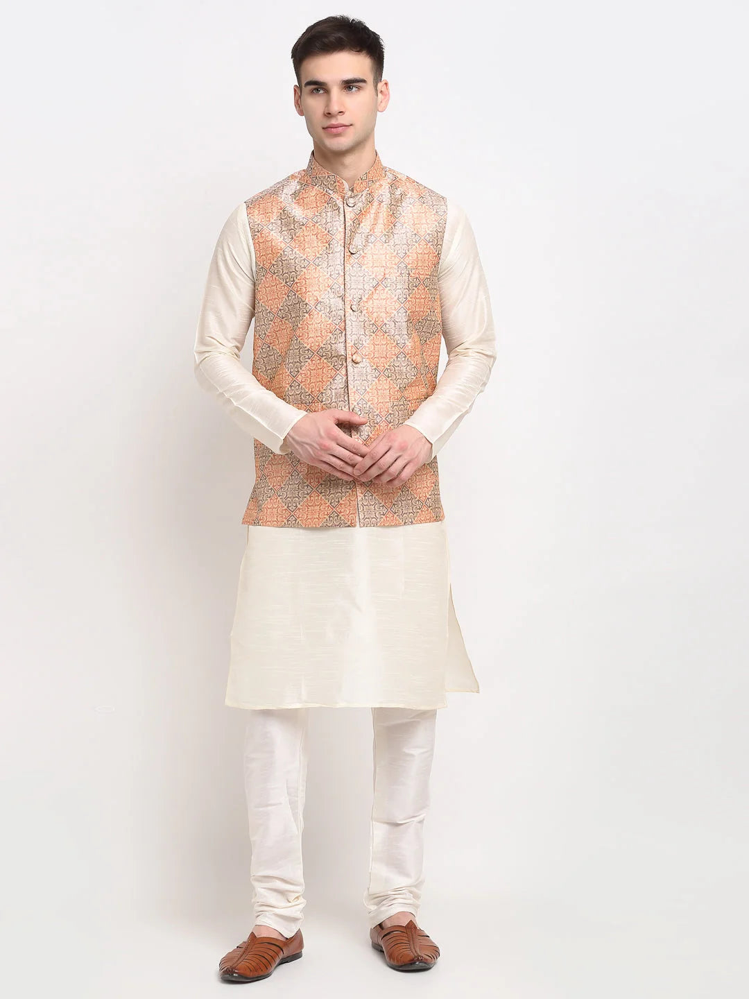 Men's Off-white Sky Dupion Silk Kurta with Churidar & Nehru Jacket