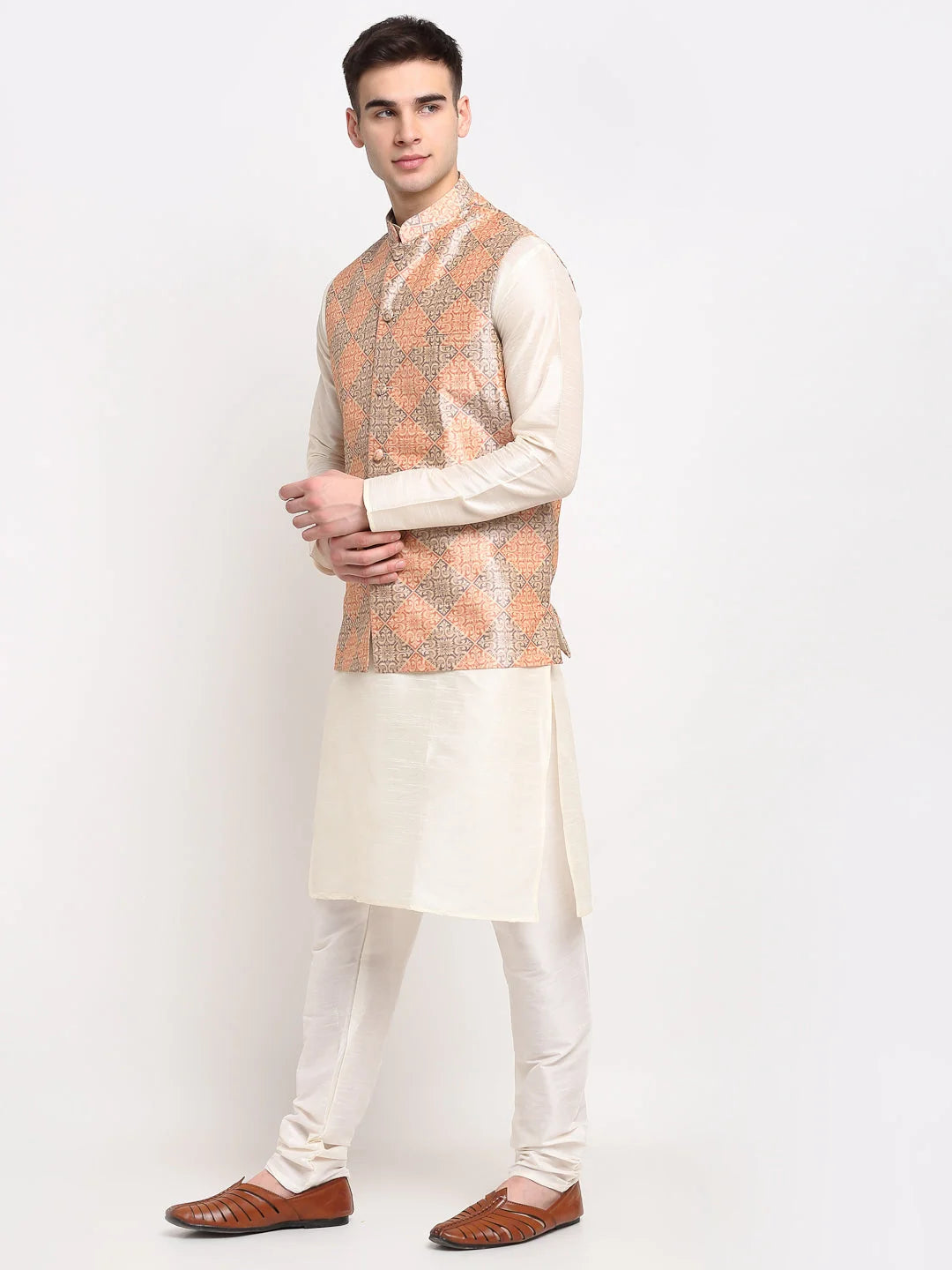 Off-White Sky Silk Mens Kurta Pajama Pathani with Nehru Jacket