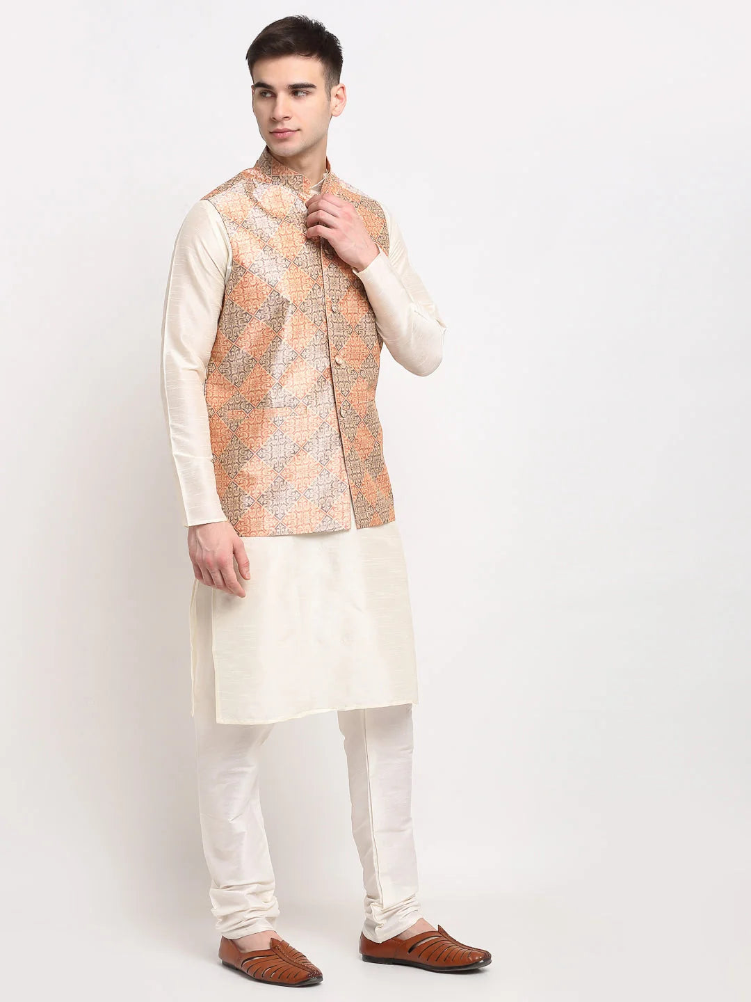 Off-White Sky Silk Mens Kurta Pajama Pathani with Nehru Jacket
