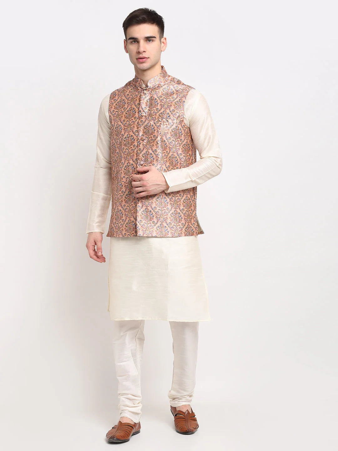 Men's Off-white Silk Kurta with Churidar & Nehru Jacket