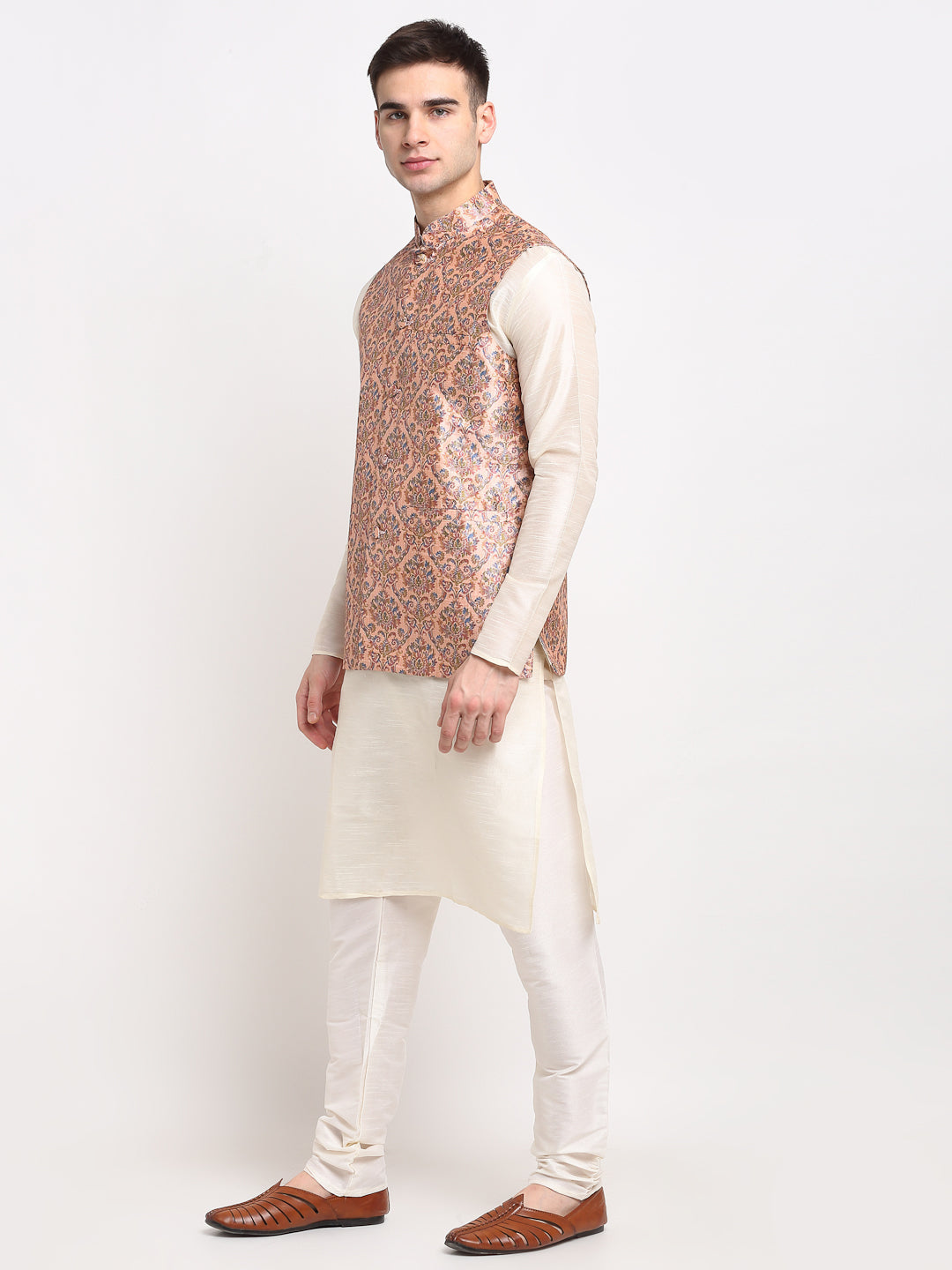 Classic Off-White Silk Mens Kurta Pajama Set with Nehru Jacket