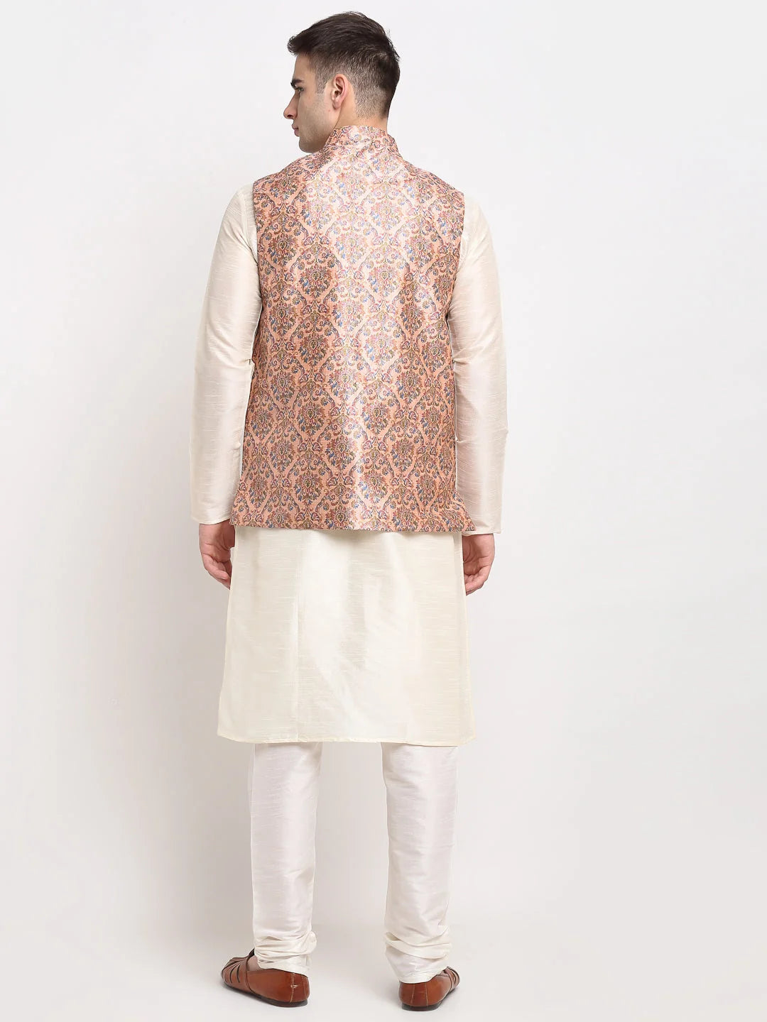 Classic Off-White Silk Mens Kurta Pajama Set with Nehru Jacket