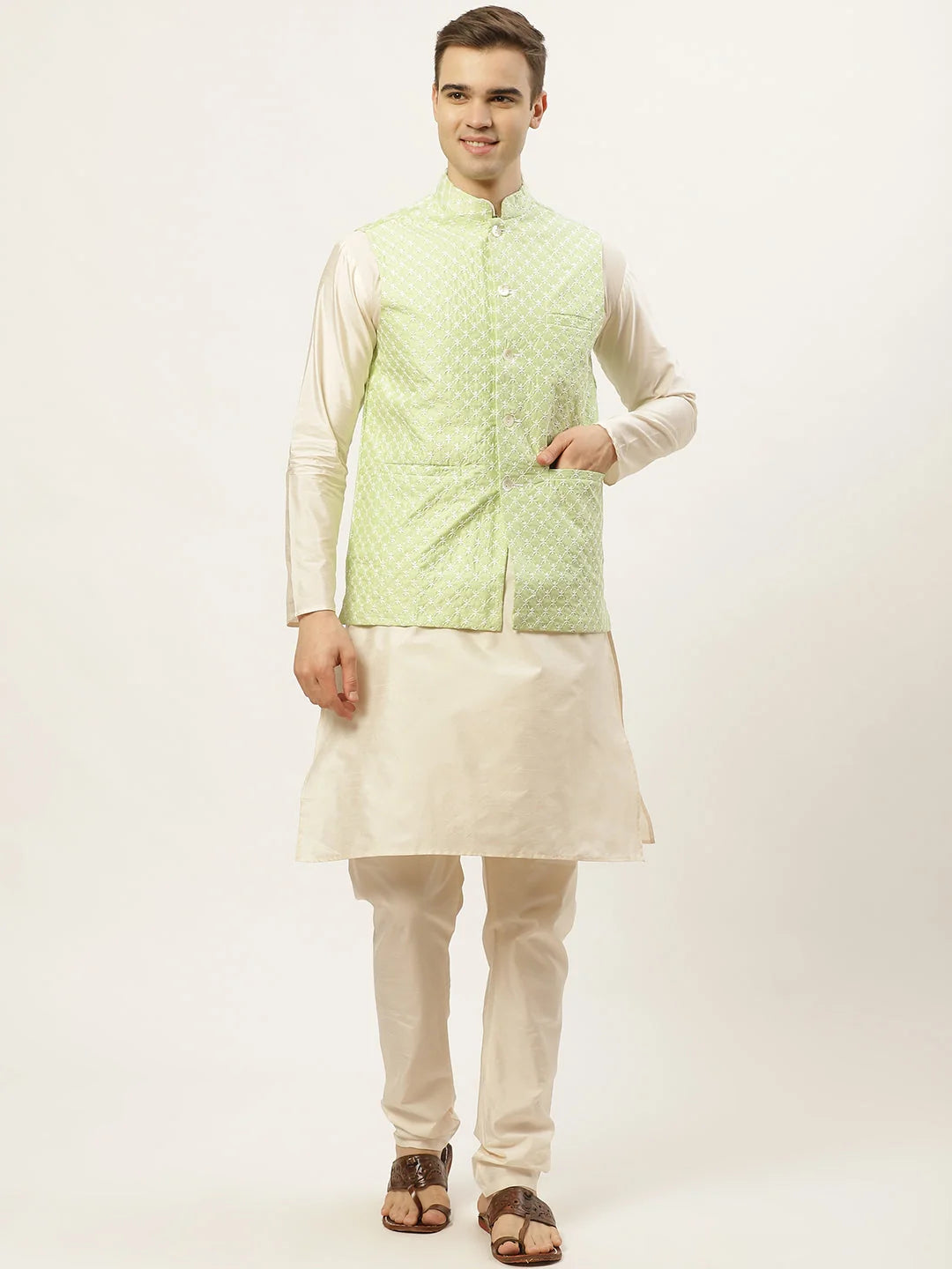 Men's Embroidered Light Nehru Jacket & Kurta Pyjama