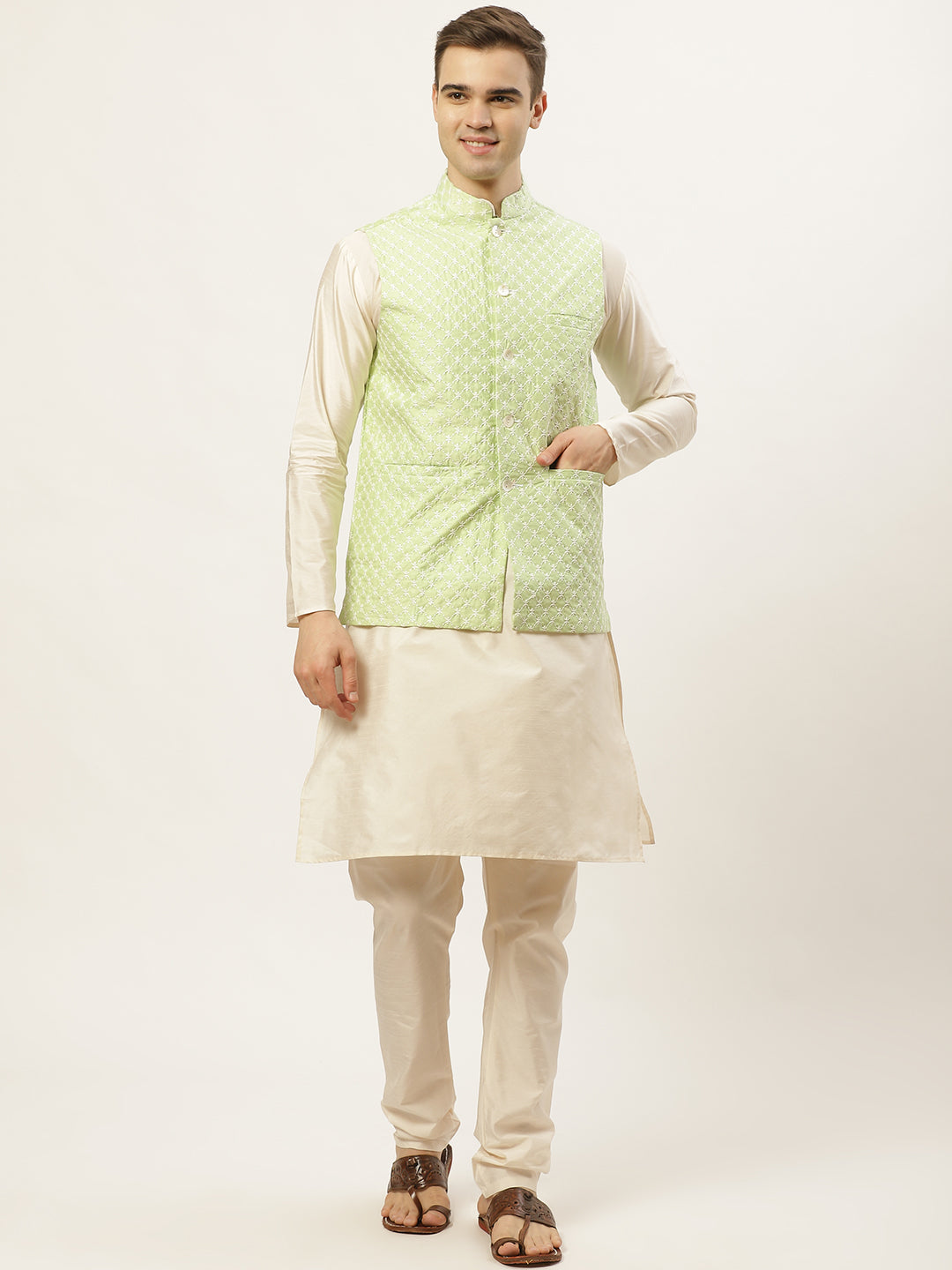 Men's Embroidered Light Nehru Jacket & Kurta Pyjama
