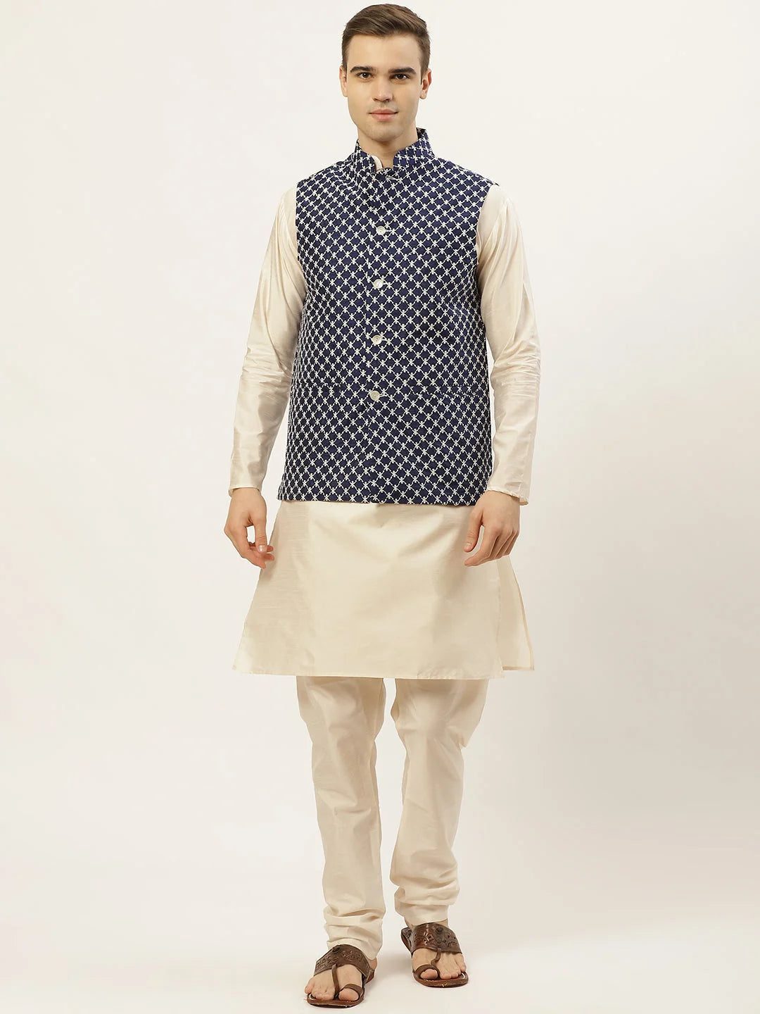 Stylish Mens Kurta-Pyjama Set with Embroidered Nehru Jacket