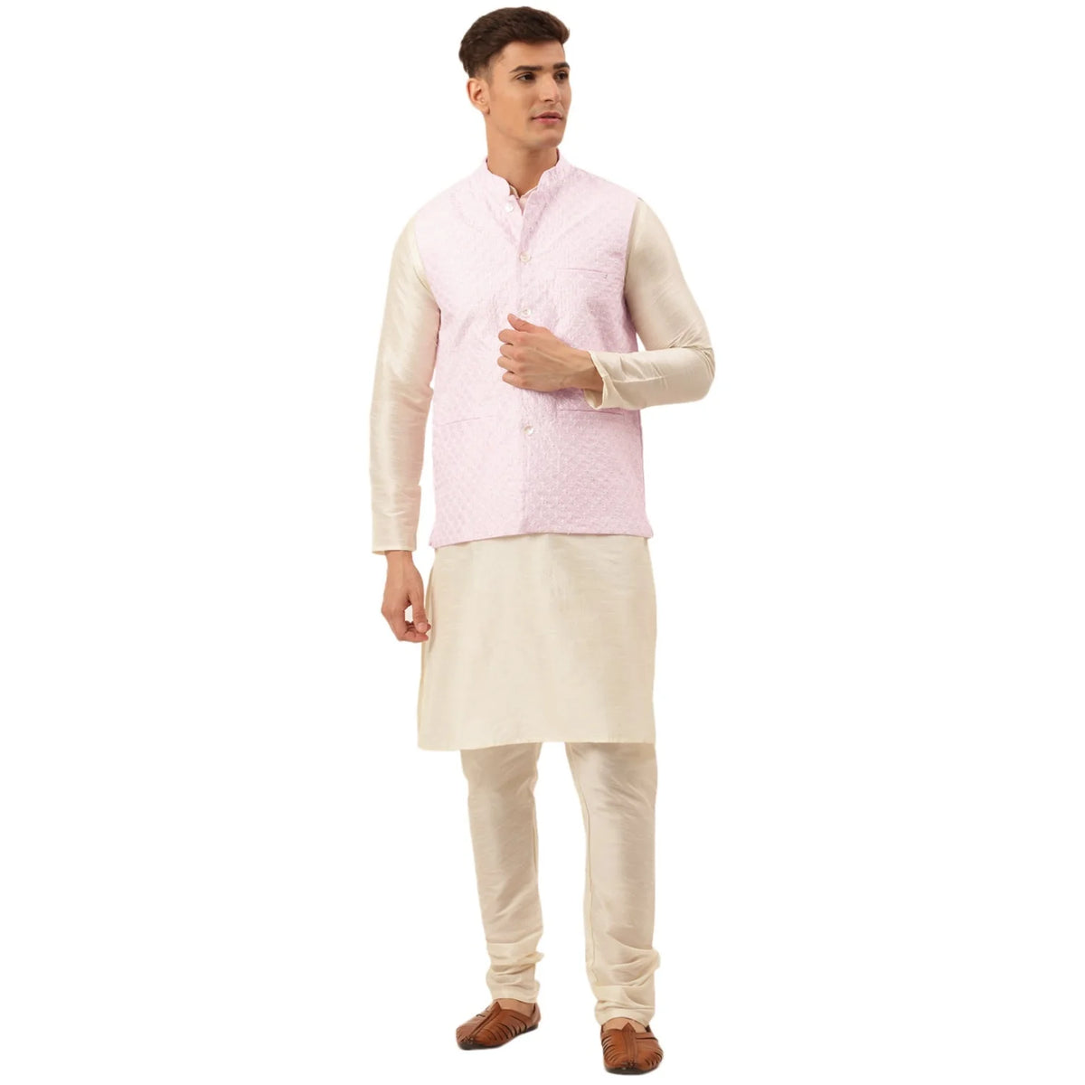 Men's Woven Design Nehru Jacket and Kurta Pyjama Set ( JOKPWC W-D 4029Pink )-JOKPWC-W-D-4029