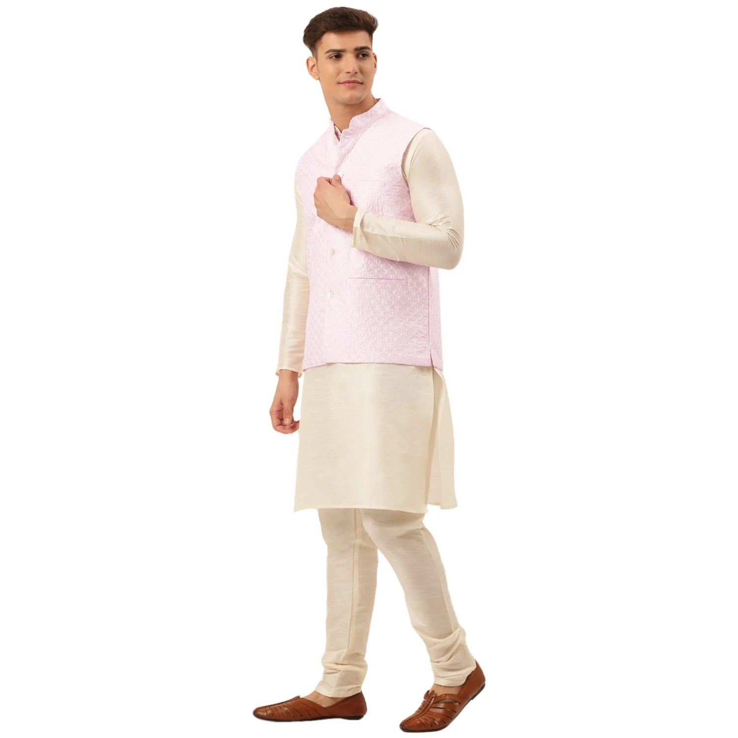 Pink Nehru Jacket Mens Kurta Pajama Set - Woven Design Cotton