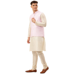Men's Woven Design Nehru Jacket and Kurta Pyjama Set ( JOKPWC W-D 4029Pink )-JOKPWC-W-D-4029