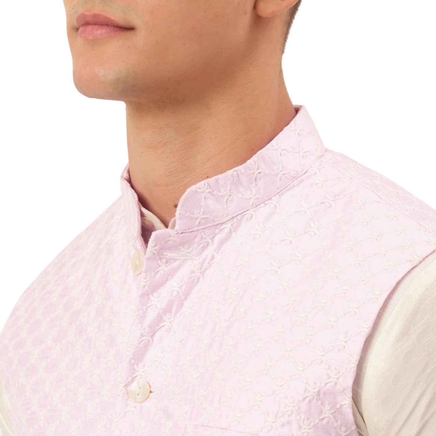 Pink Nehru Jacket Mens Kurta Pajama Set - Woven Design Cotton
