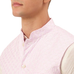 Men's Woven Design Nehru Jacket and Kurta Pyjama Set ( JOKPWC W-D 4029Pink )-JOKPWC-W-D-4029