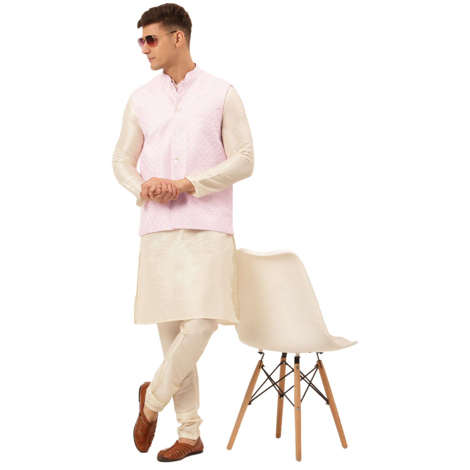 Pink Nehru Jacket Mens Kurta Pajama Set - Woven Design Cotton