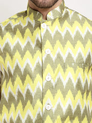 Men's Ikat Styl Print Nehru Jacket & Kurta Pyjama