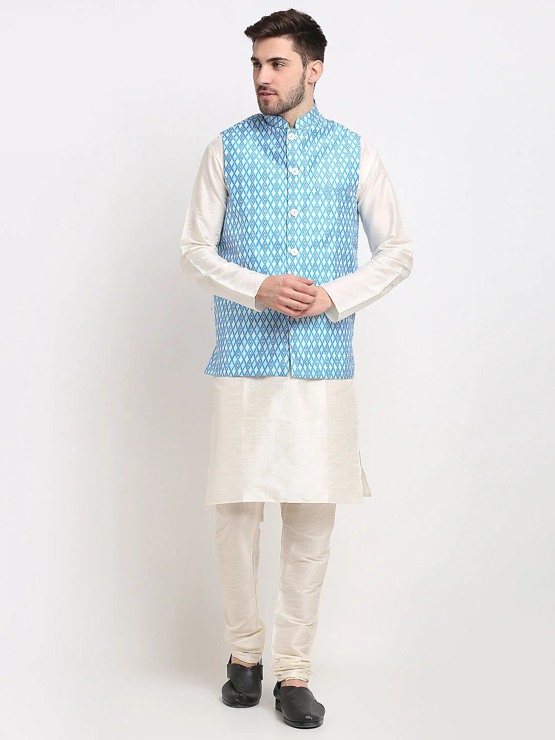 Men's Ikat Print Nehru Jacket & Kurta Pyjama