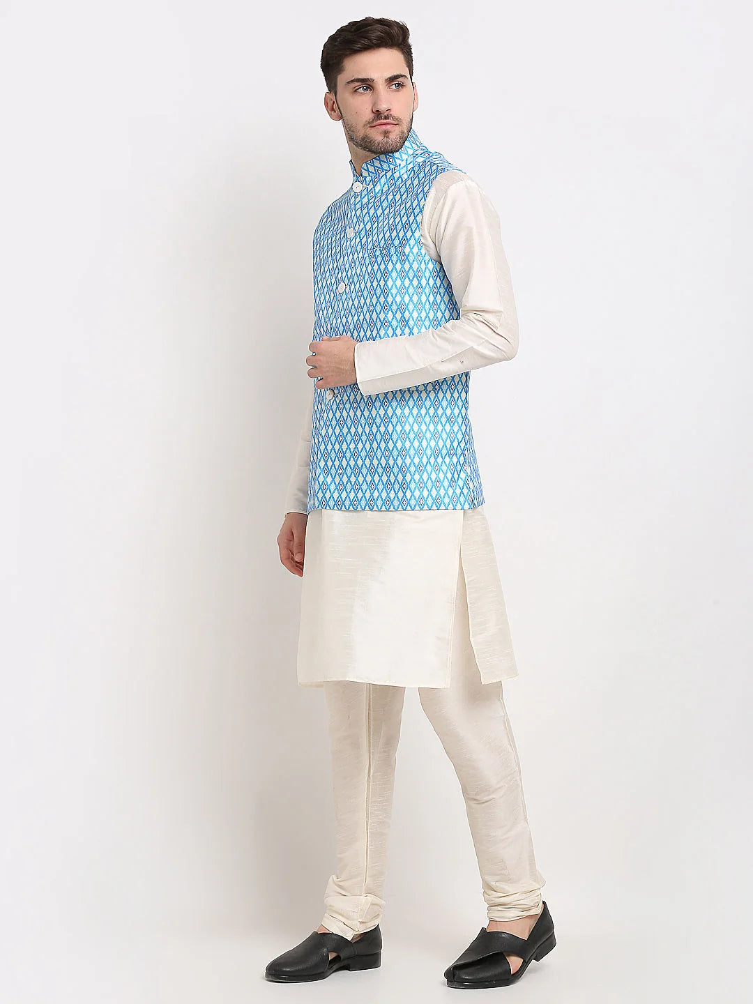 Men's Ikat Nehru Jacket & Kurta Pajama Set | Cotton Pathani - Style 1