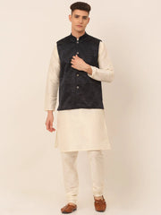 Men's Solid Kurta Pyjama With Floral Embroidered Nehru Jacket ( JOKPWC W-D 4034Navy )-JOKPWC-W-D-4034