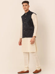 Men's Solid Kurta Pyjama With Floral Embroidered Nehru Jacket ( JOKPWC W-D 4034Navy )-JOKPWC-W-D-4034