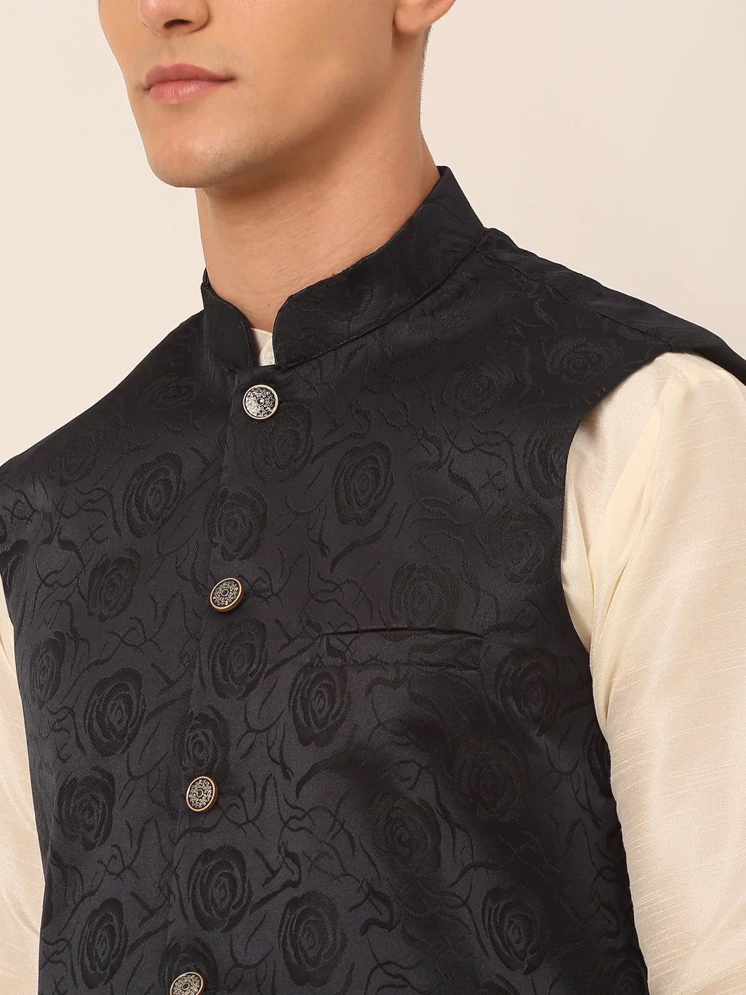 Men's Kurta Pajama Set with Floral Nehru Jacket - Navy Cotton