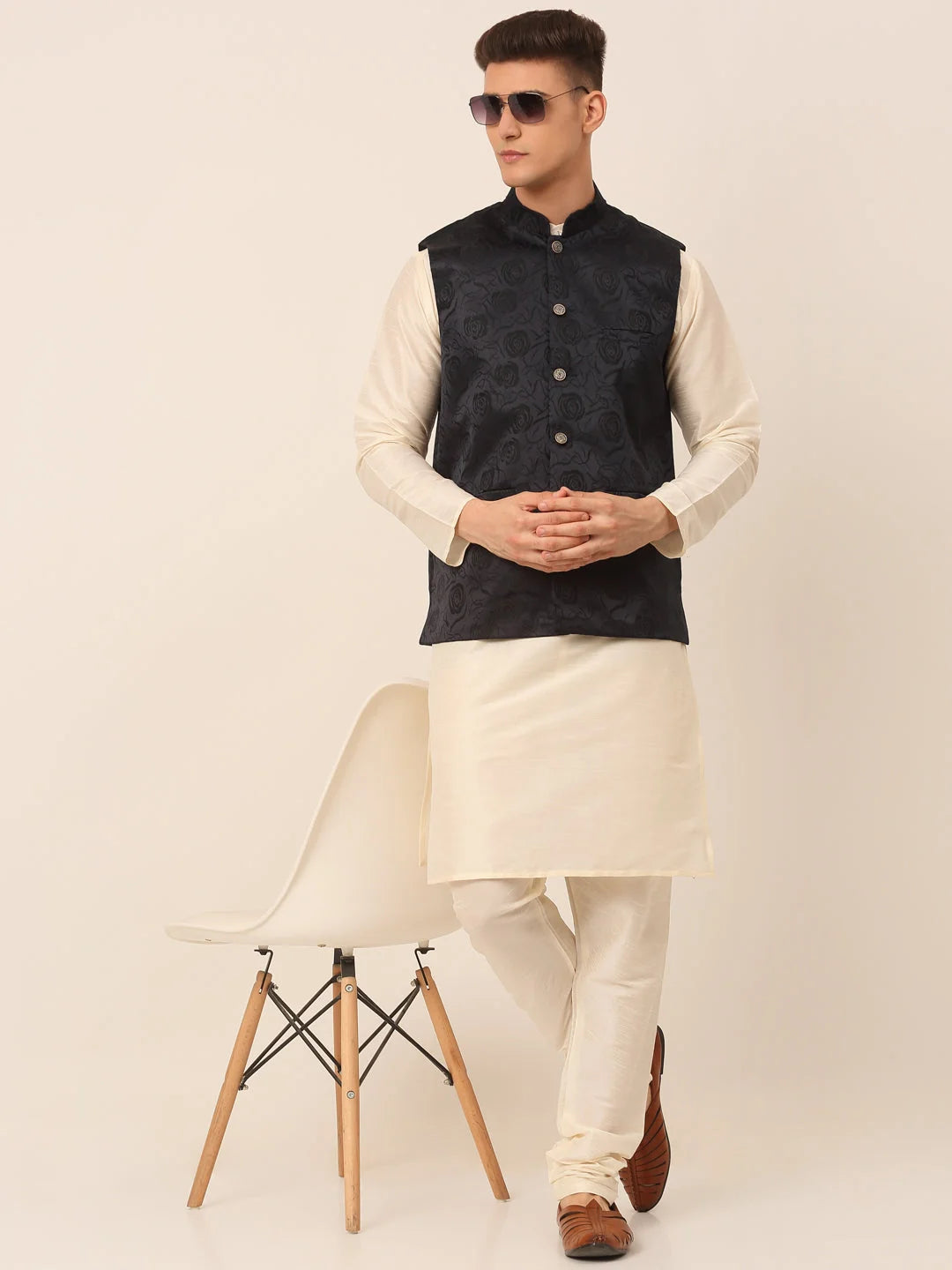 Men's Kurta Pajama Set with Floral Nehru Jacket - Navy Cotton