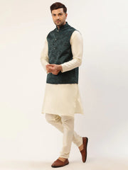 Men's Solid Kurta Pyjama With Teal Floral Embroidered Nehru Jacket( JOKPWC W-D 4034Teal )